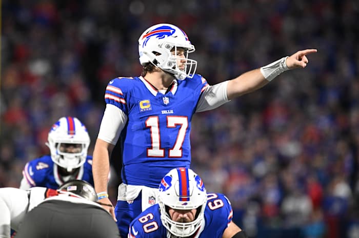 Buffalo Bills quarterback Josh Allen gestures in the second quarter against the Tampa Bay Buccaneers at Highmark Stadium.
